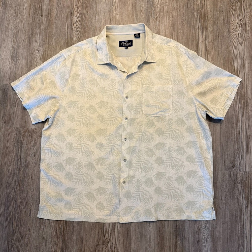 Nat Nast Mens XXL Silk Light Green Palm Pattern Hawaiian Shirt